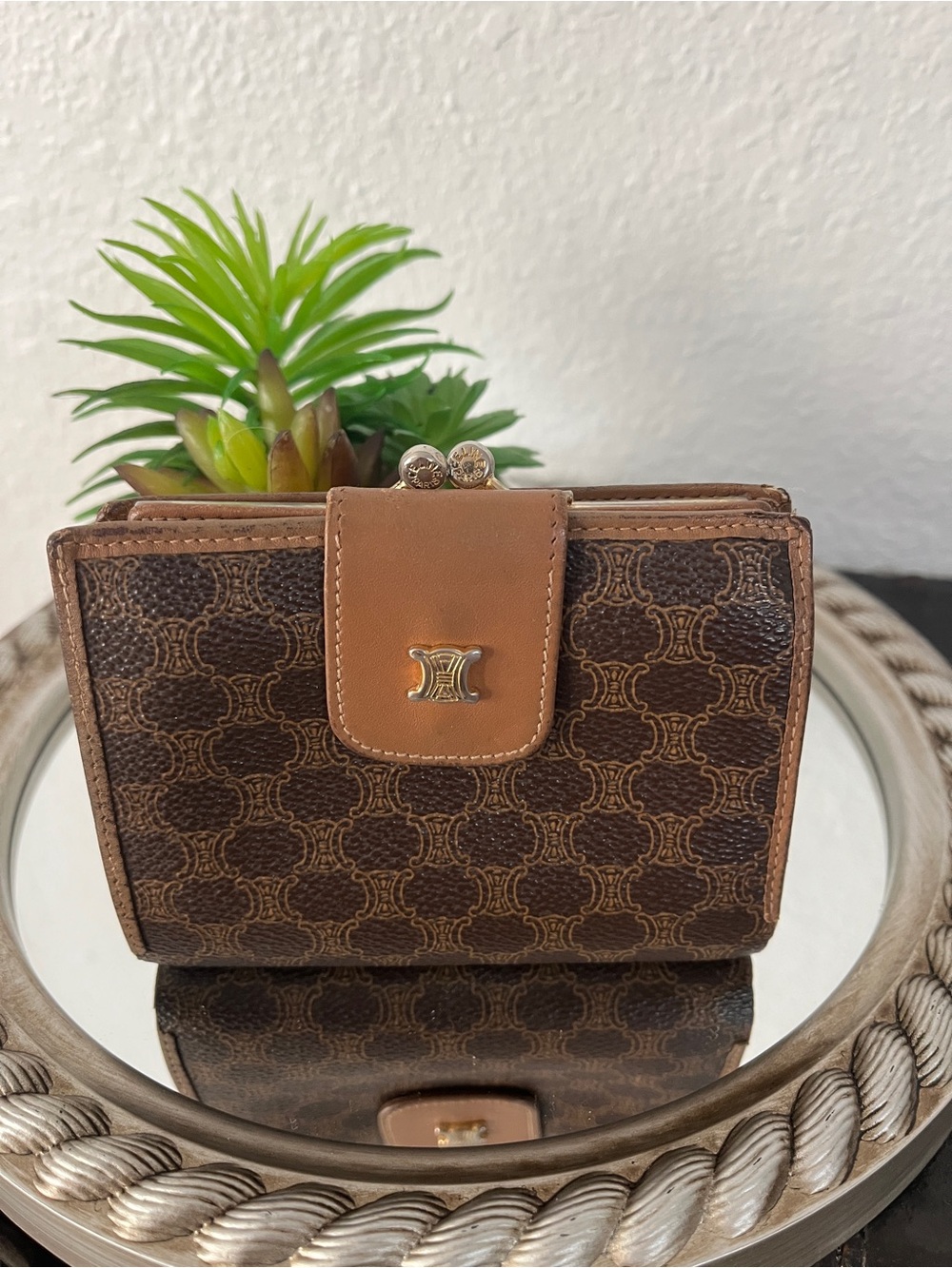 Celine Brown Monogram Wallet with Tan Trim and Gold Hardware